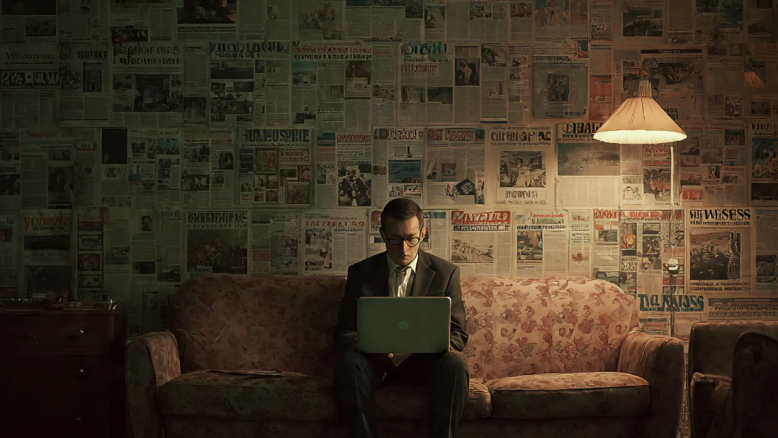man sitting on a couch with a laptop in a room with newspaper clippings