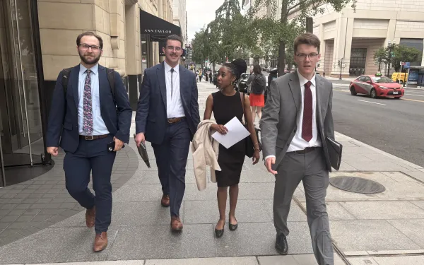 "IDEA fellowship coordinator Adam Duffy and Summer Democracy Fellows Maxwell Kiernan, Elise Britton and Ryan Mahoney walking to their next meeting in DC June 22."